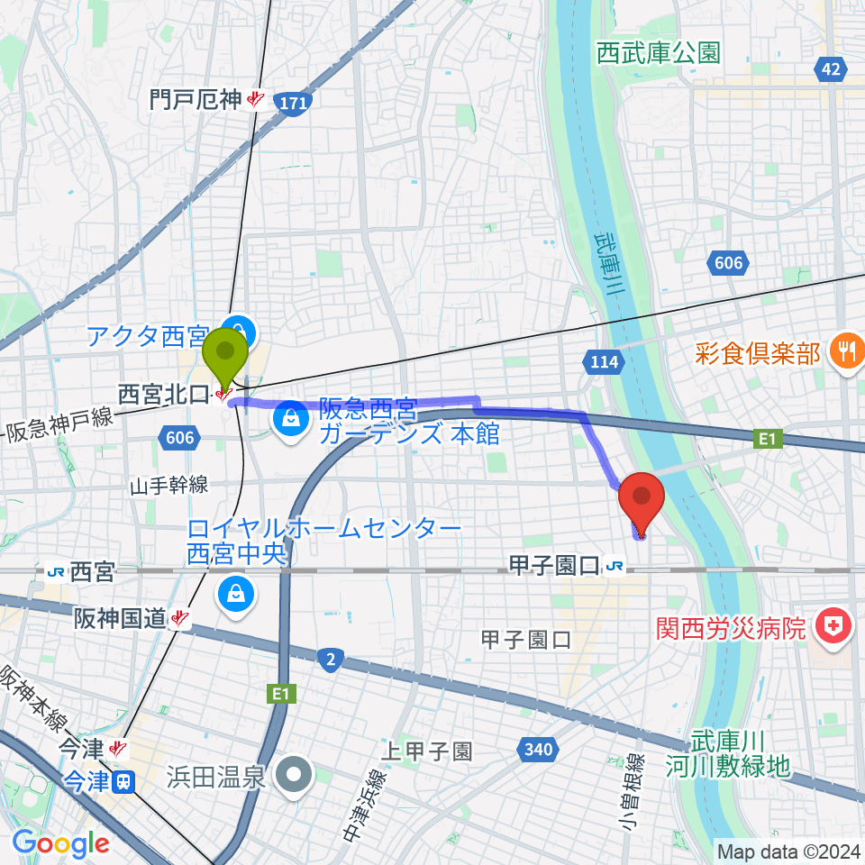 西宮北口駅からMusicぽえむ音楽教室へのルートマップ地図