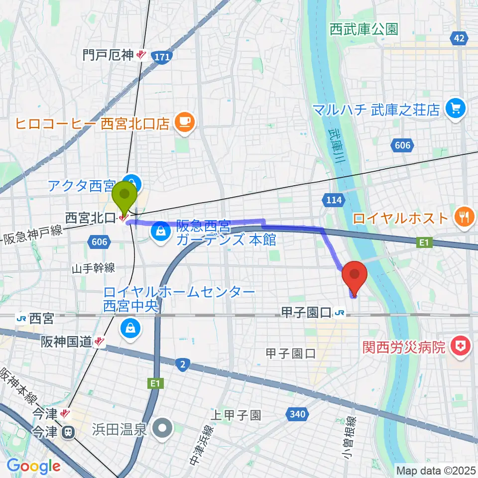 西宮北口駅からMusicぽえむ音楽教室へのルートマップ地図