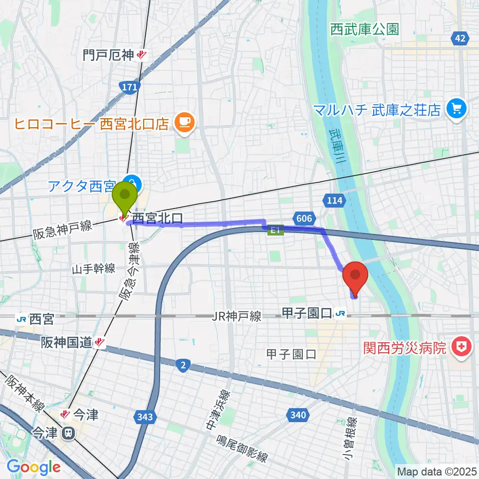 西宮北口駅からMusicぽえむ音楽教室へのルートマップ地図