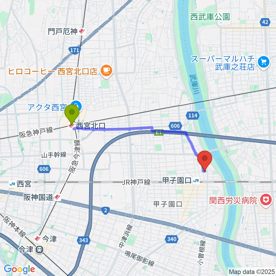 西宮北口駅からMusicぽえむ音楽教室へのルートマップ地図