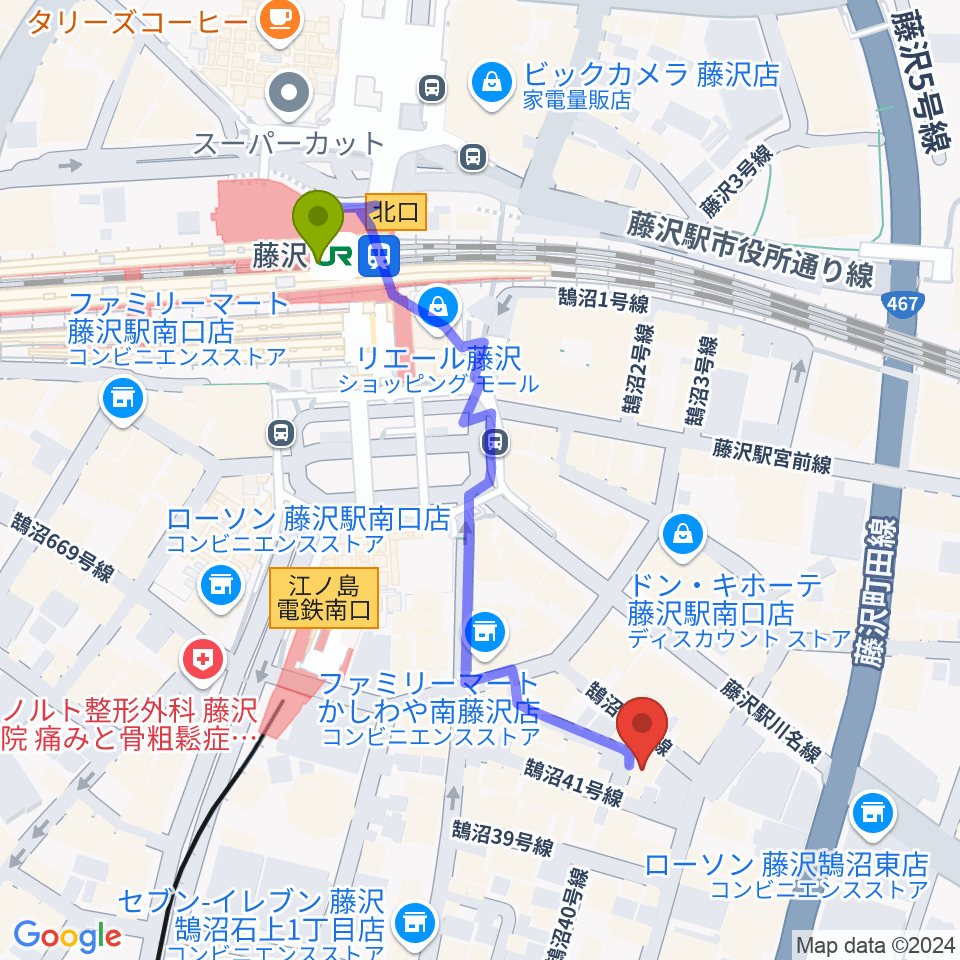 湘南音楽院藤沢の最寄駅藤沢駅からの徒歩ルート（約5分）地図