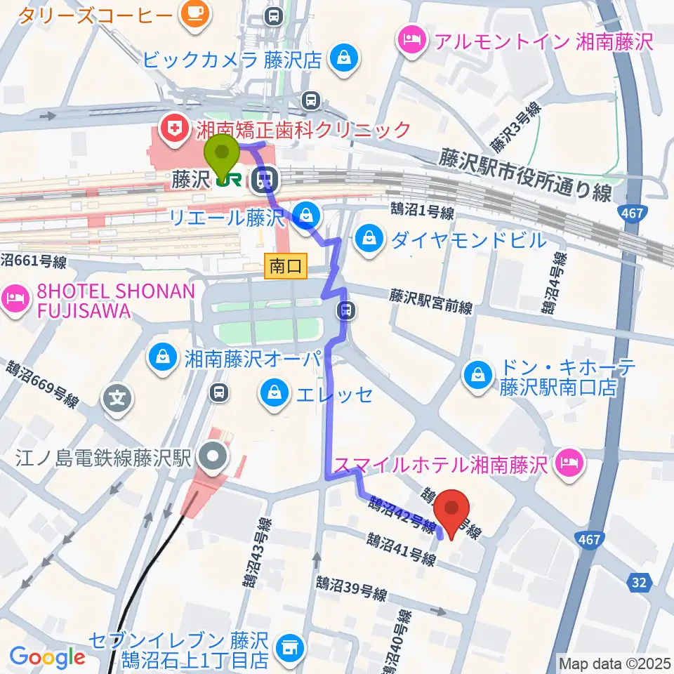 湘南音楽院藤沢の最寄駅藤沢駅からの徒歩ルート（約5分）地図