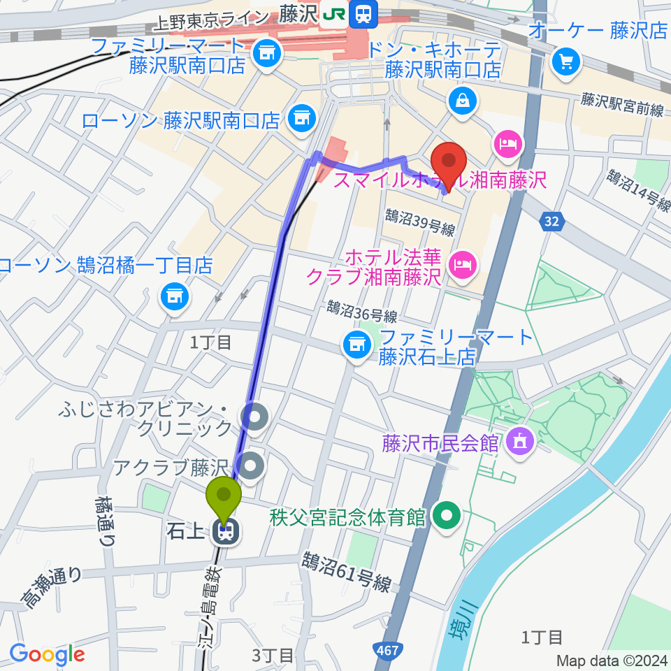 石上駅から湘南音楽院藤沢へのルートマップ地図