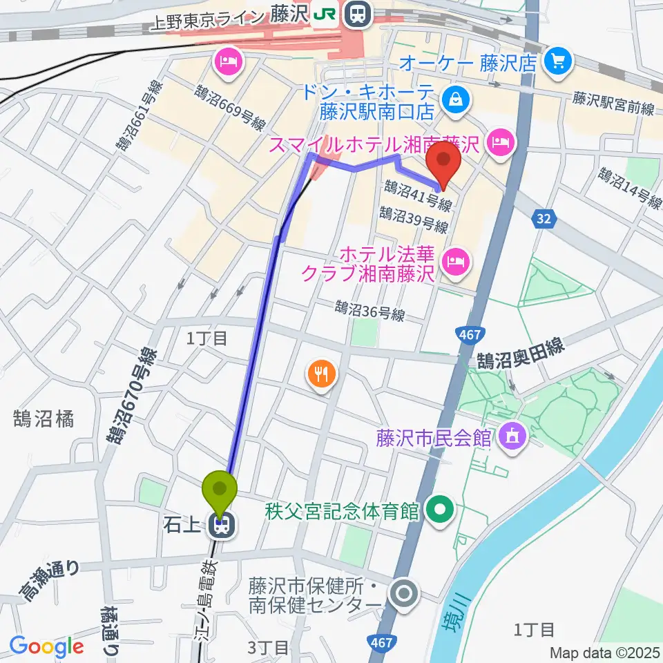 石上駅から湘南音楽院藤沢へのルートマップ地図
