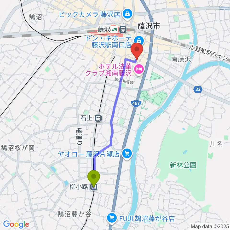 柳小路駅から湘南音楽院藤沢へのルートマップ地図