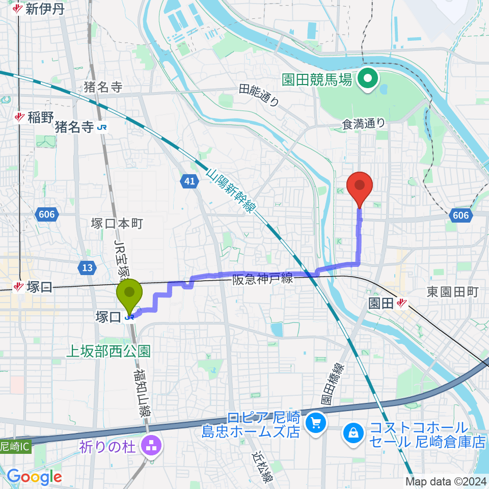 塚口駅からメロディーメイツ音楽教室へのルートマップ地図