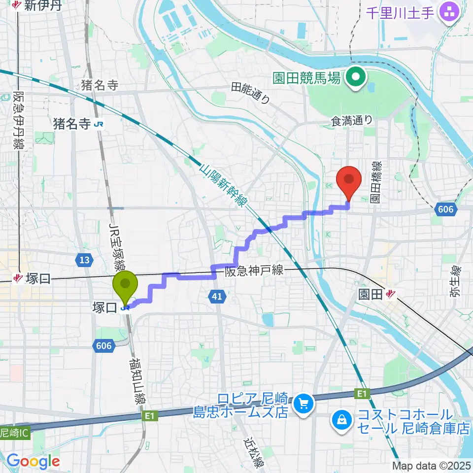 塚口駅からメロディーメイツ音楽教室へのルートマップ地図