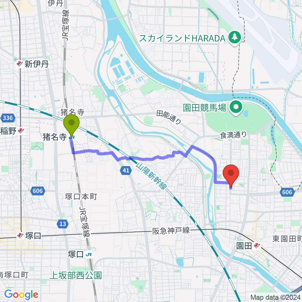 猪名寺駅からメロディーメイツ音楽教室へのルートマップ地図