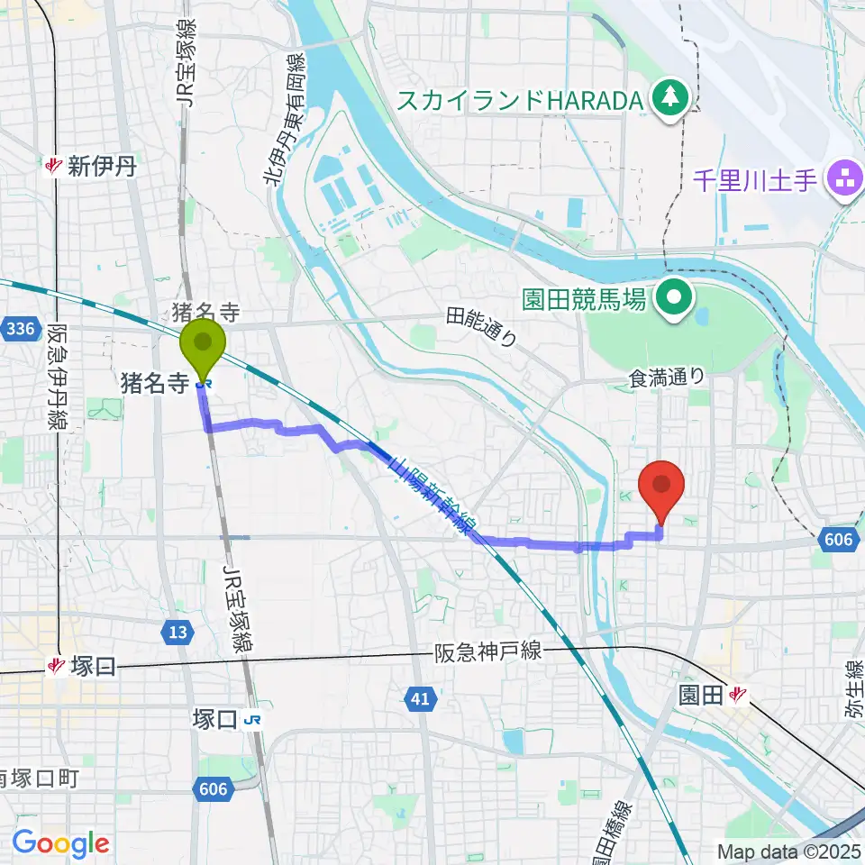 猪名寺駅からメロディーメイツ音楽教室へのルートマップ地図