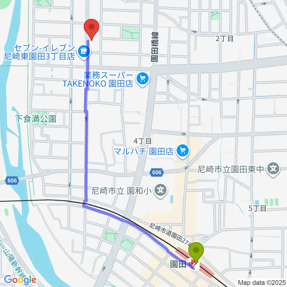 メロディーメイツ音楽教室の最寄駅園田駅からの徒歩ルート（約13分）地図