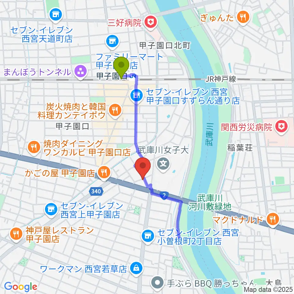 ティー・フォー・トゥ音楽教室の最寄駅甲子園口駅からの徒歩ルート（約11分）地図