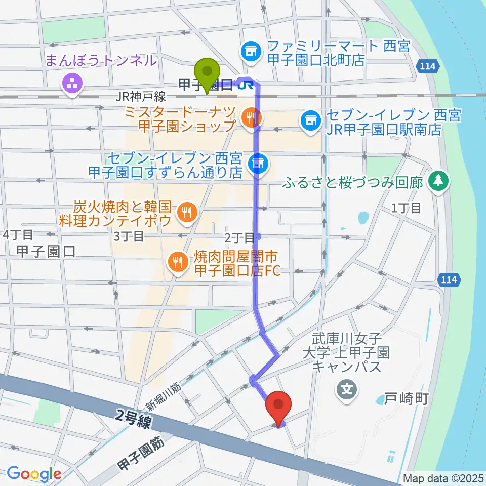 ティー・フォー・トゥ音楽教室の最寄駅甲子園口駅からの徒歩ルート（約11分）地図