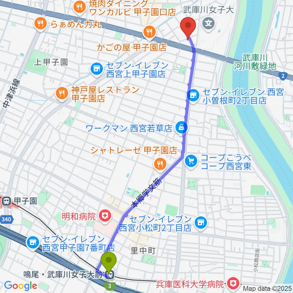 鳴尾・武庫川女子大前駅からティー・フォー・トゥ音楽教室へのルートマップ地図