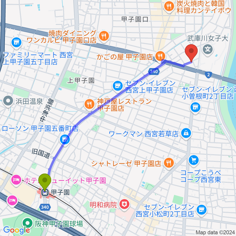 甲子園駅からティー・フォー・トゥ音楽教室へのルートマップ地図