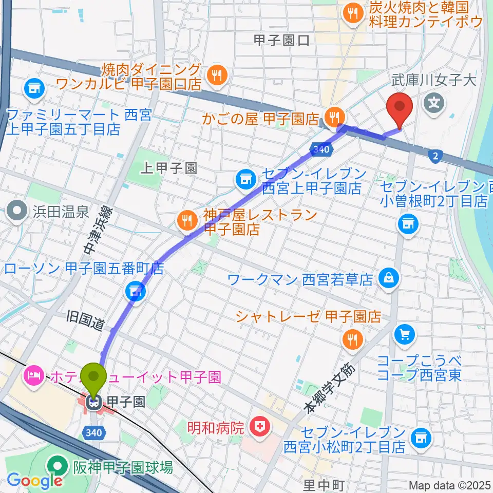 甲子園駅からティー・フォー・トゥ音楽教室へのルートマップ地図