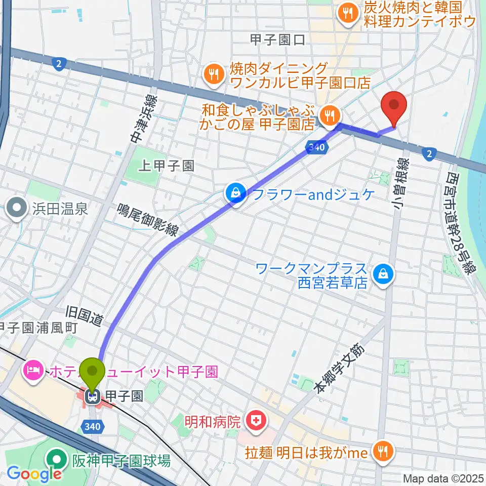 甲子園駅からティー・フォー・トゥ音楽教室へのルートマップ地図