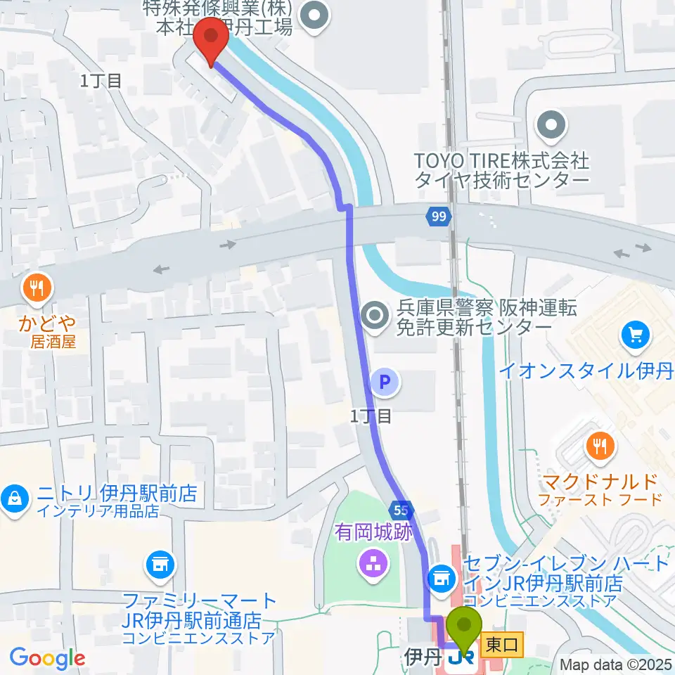 ひだピアノ教室の最寄駅伊丹駅からの徒歩ルート（約7分）地図