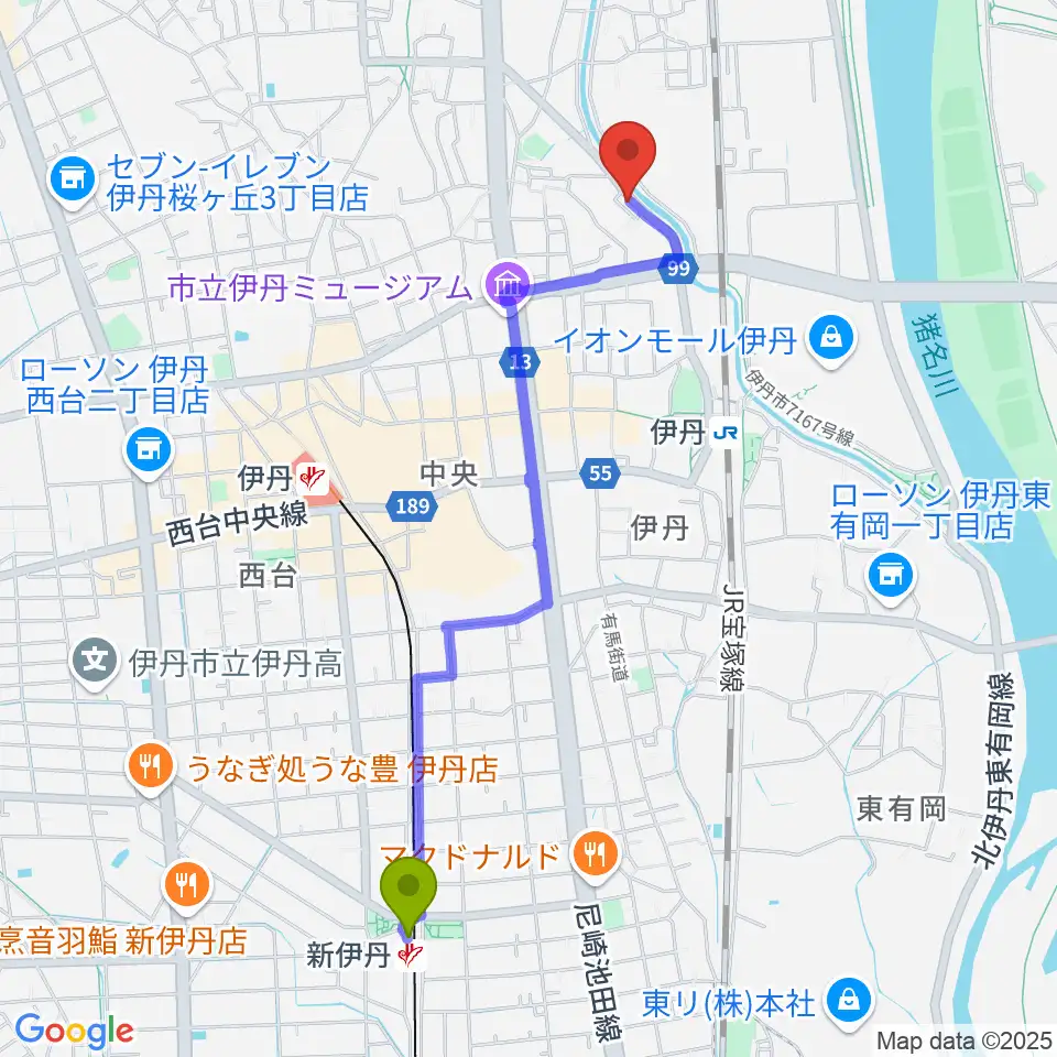 新伊丹駅からひだピアノ教室へのルートマップ地図