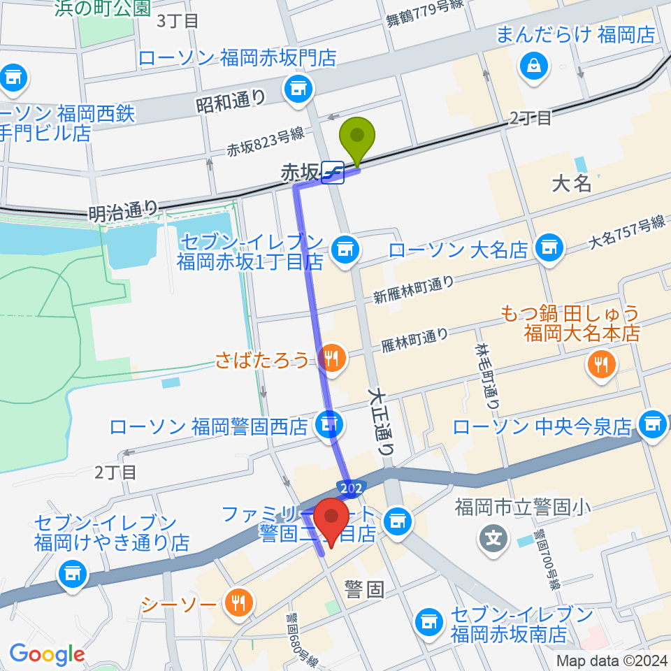 モチコピアノスクール警固教室の最寄駅赤坂駅からの徒歩ルート（約9分）地図