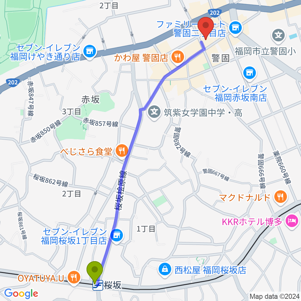 桜坂駅からモチコピアノスクール警固教室へのルートマップ地図