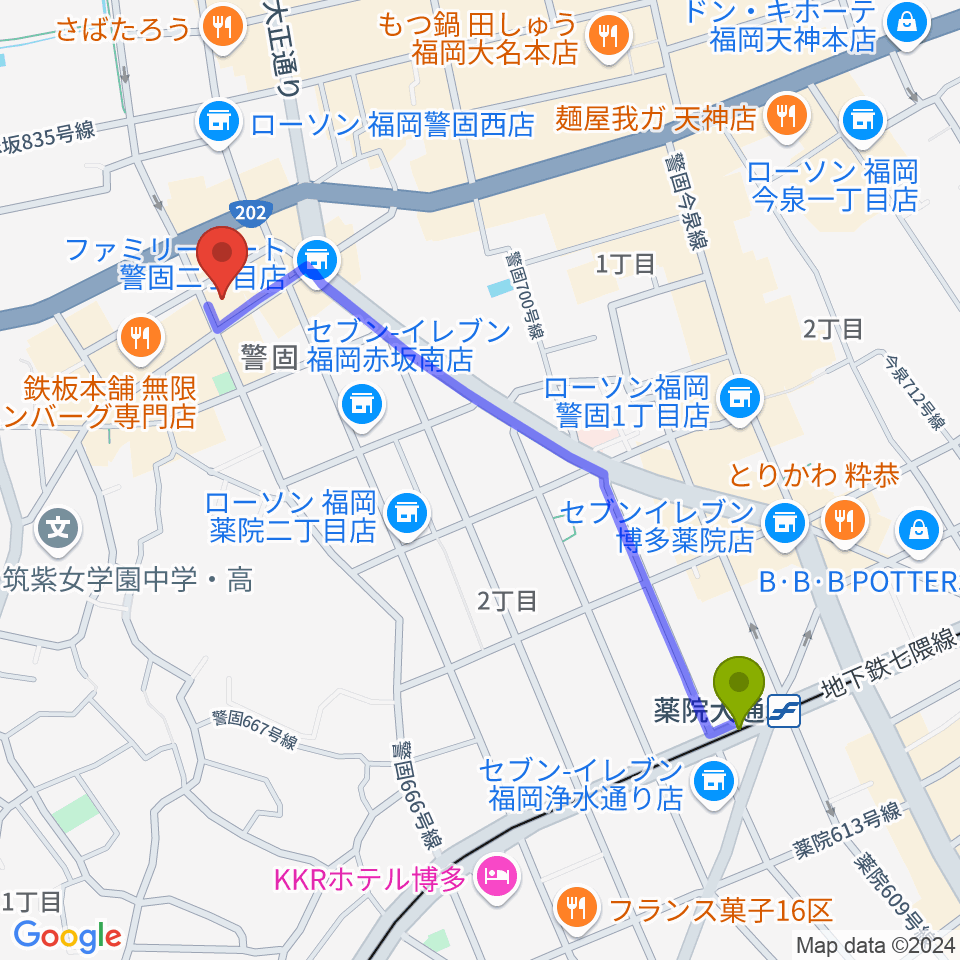 薬院大通駅からモチコピアノスクール警固教室へのルートマップ地図