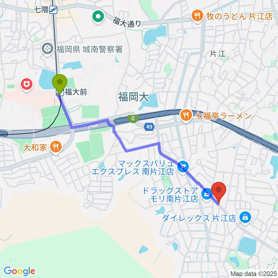 ピアノ教室 音の風の最寄駅福大前駅からの徒歩ルート（約22分）地図