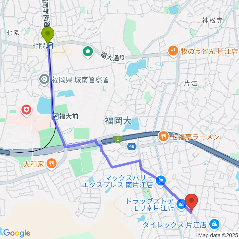 七隈駅からピアノ教室 音の風へのルートマップ地図