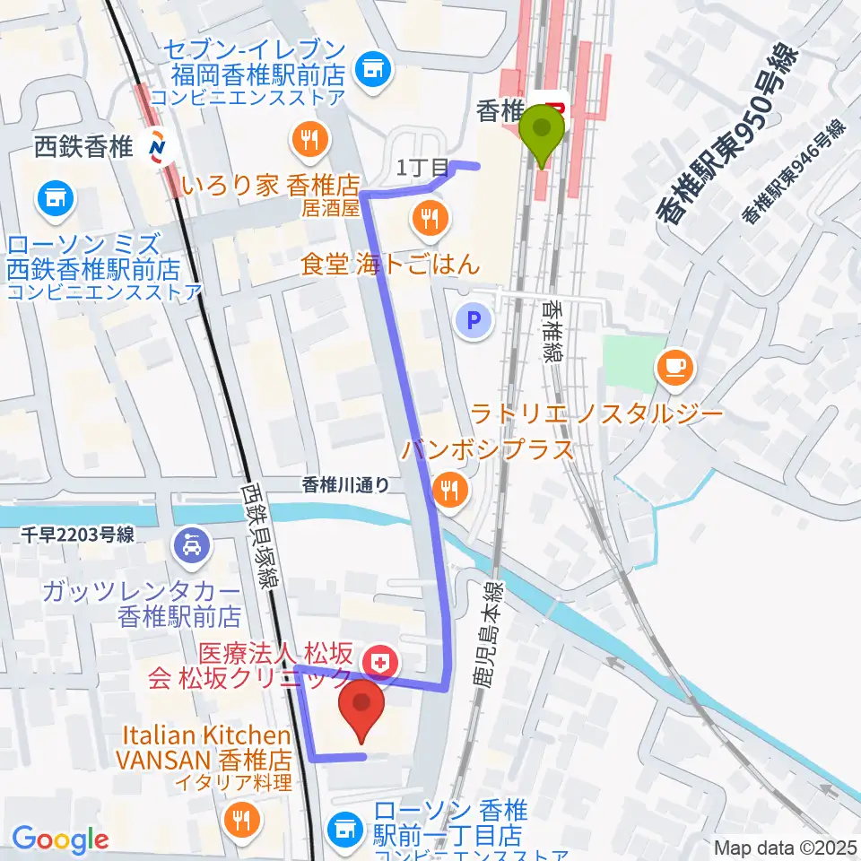 香椎駅から二胡・月琴教室シルクロードへのルートマップ地図