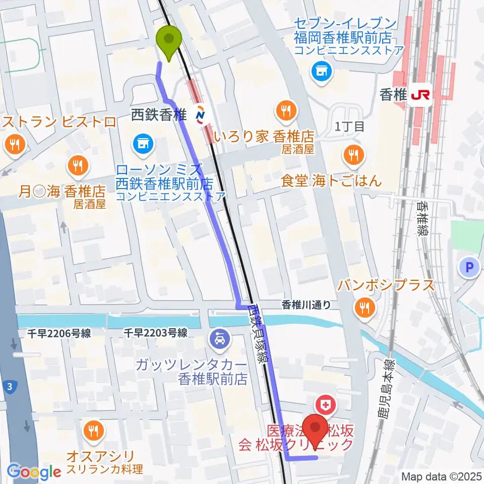 西鉄香椎駅から二胡・月琴教室シルクロードへのルートマップ地図