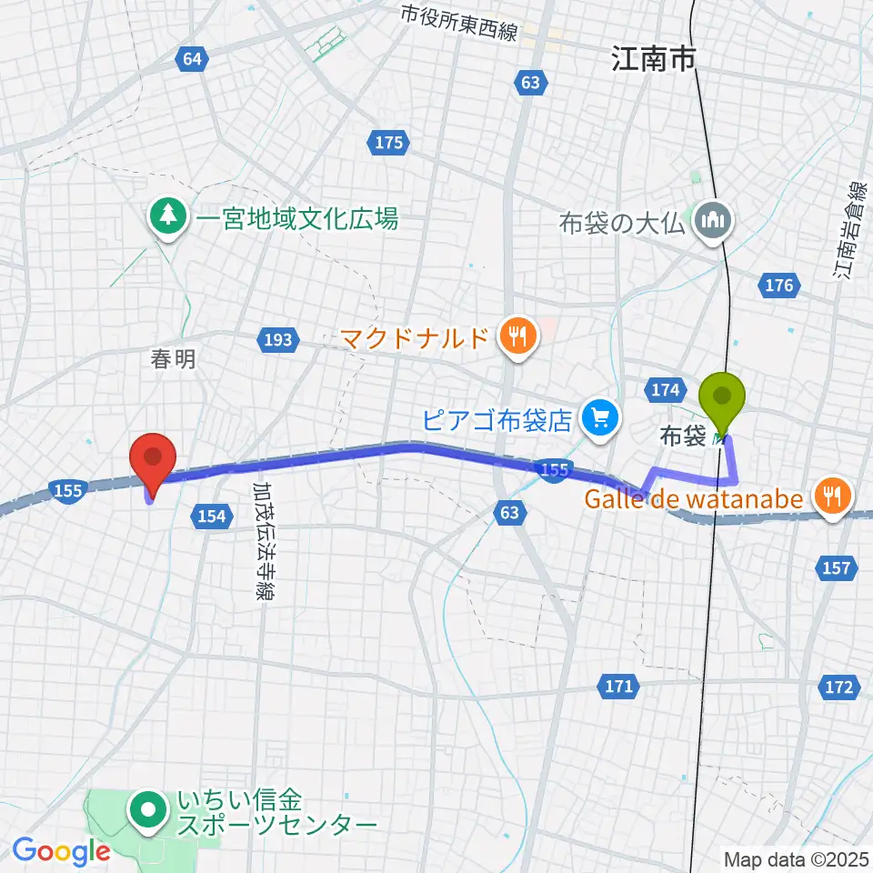 堀尾音楽教室の最寄駅布袋駅からの徒歩ルート（約41分）地図