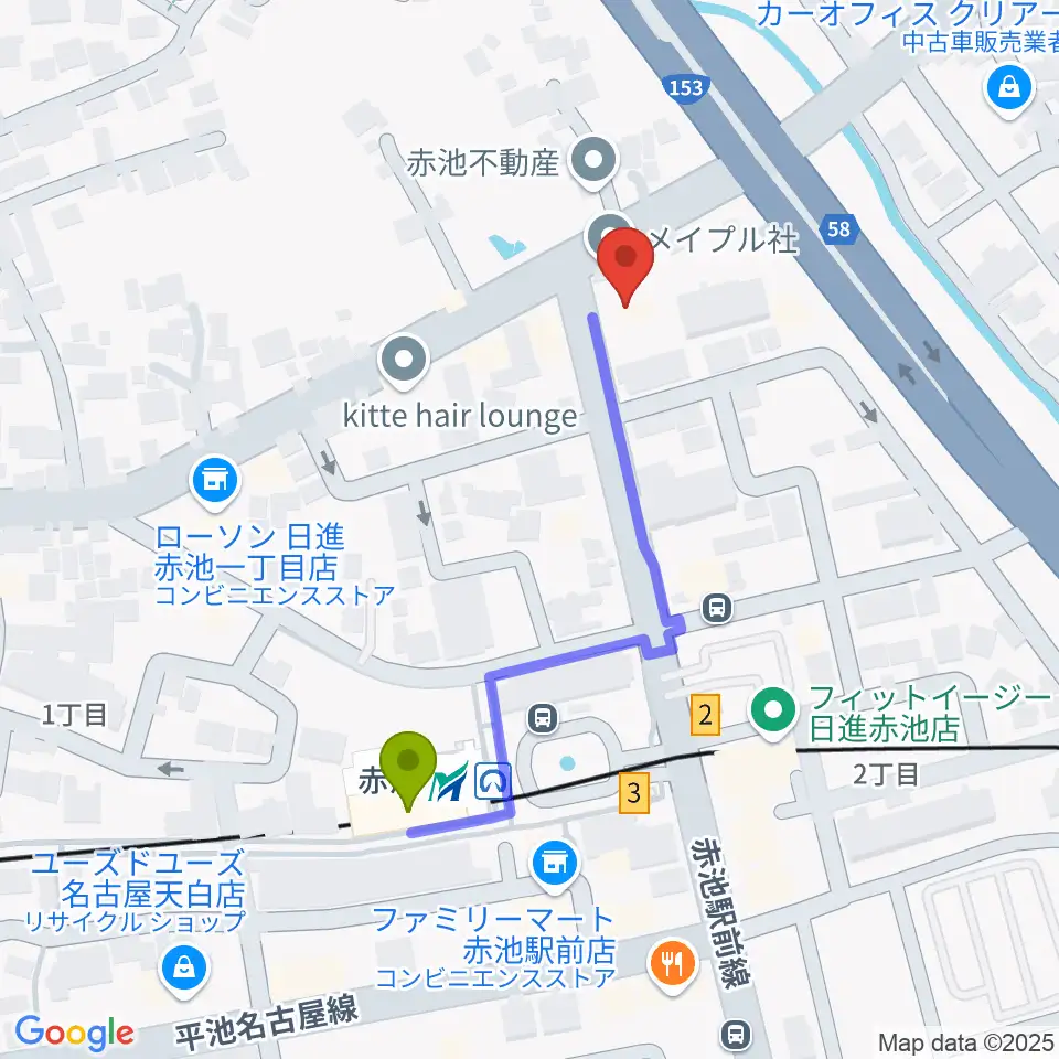ロージィミュージック赤池校の最寄駅赤池駅からの徒歩ルート（約4分）地図