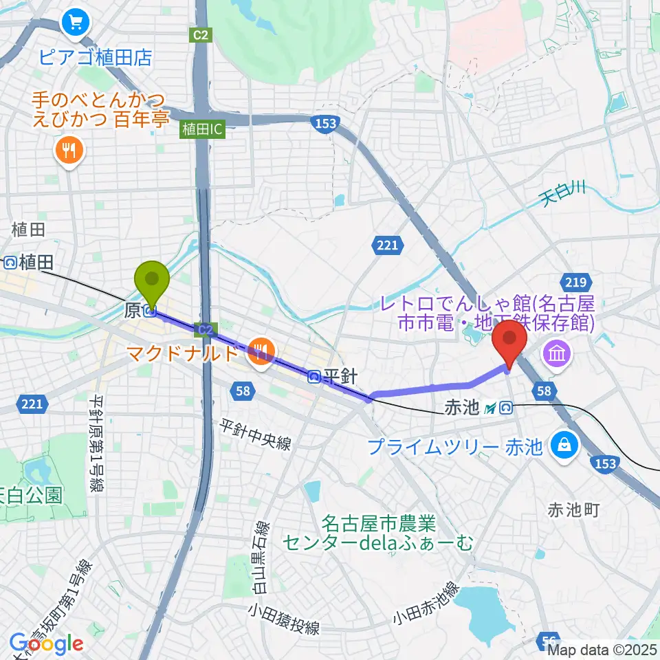原駅からロージィミュージック赤池校へのルートマップ地図