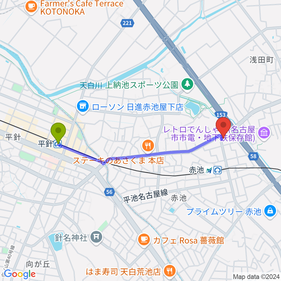 平針駅からロージィミュージック赤池校へのルートマップ地図