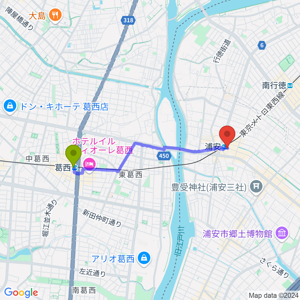 葛西駅から浦安ミュージックセンターへのルートマップ地図