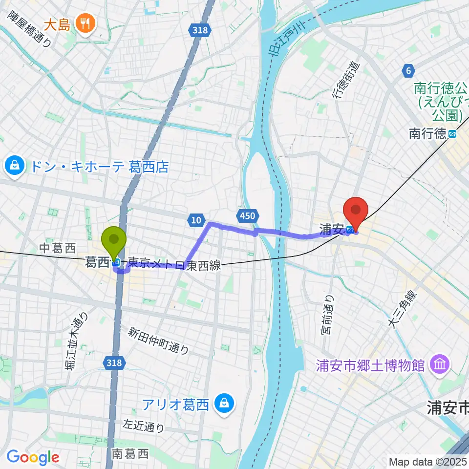 葛西駅から浦安ミュージックセンターへのルートマップ地図