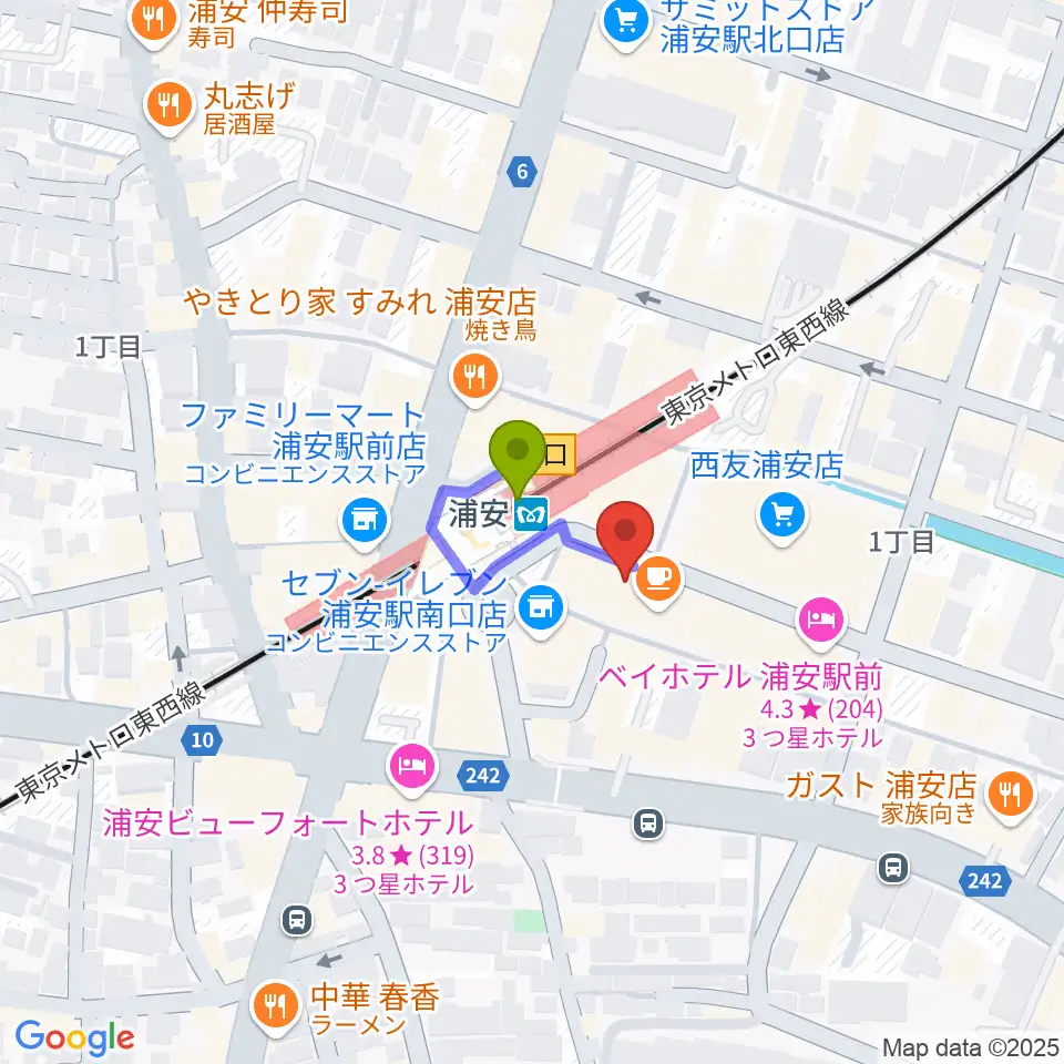 浦安ミュージックセンターの最寄駅浦安駅からの徒歩ルート（約1分）地図
