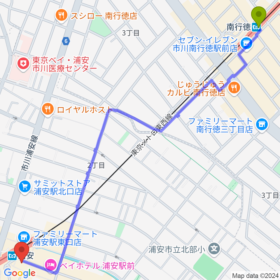 南行徳駅から浦安ミュージックセンターへのルートマップ地図