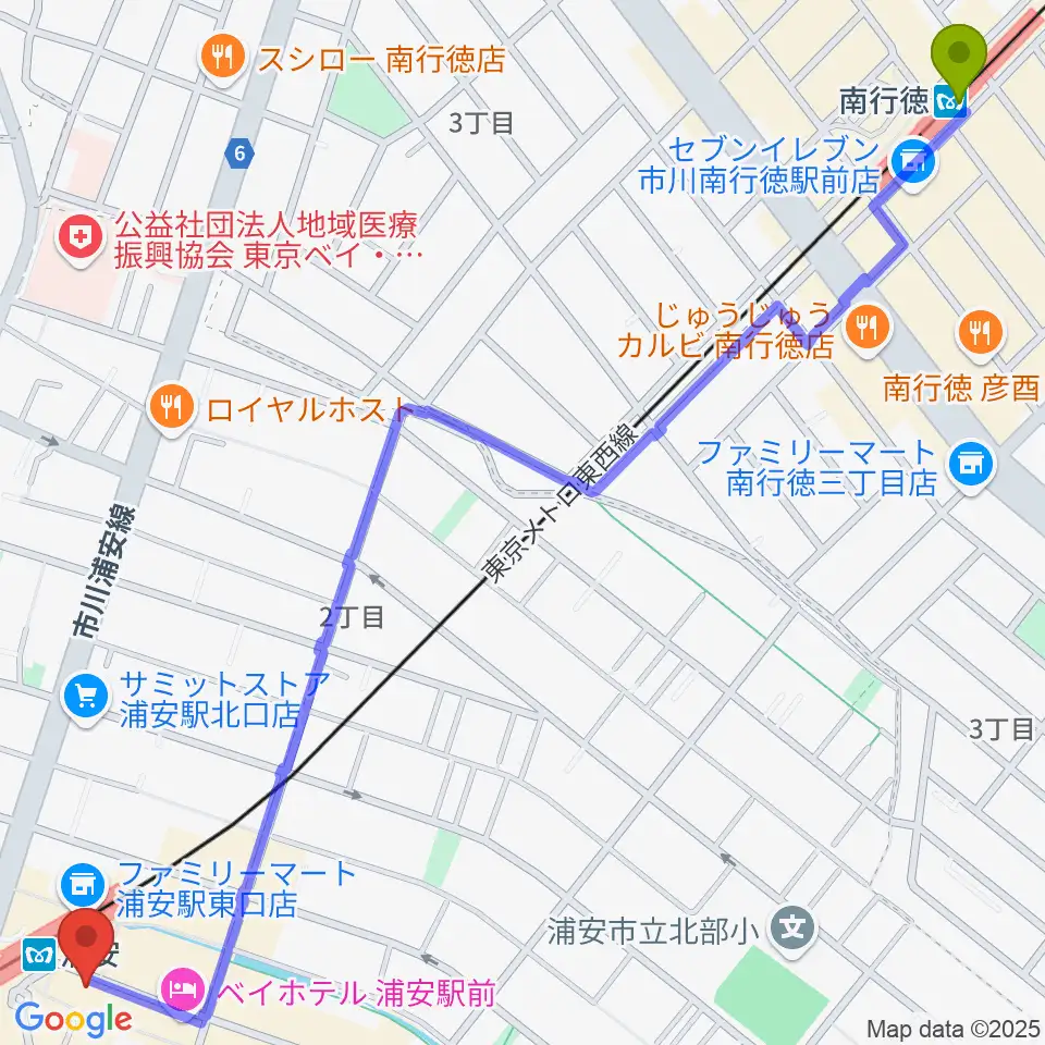 南行徳駅から浦安ミュージックセンターへのルートマップ地図