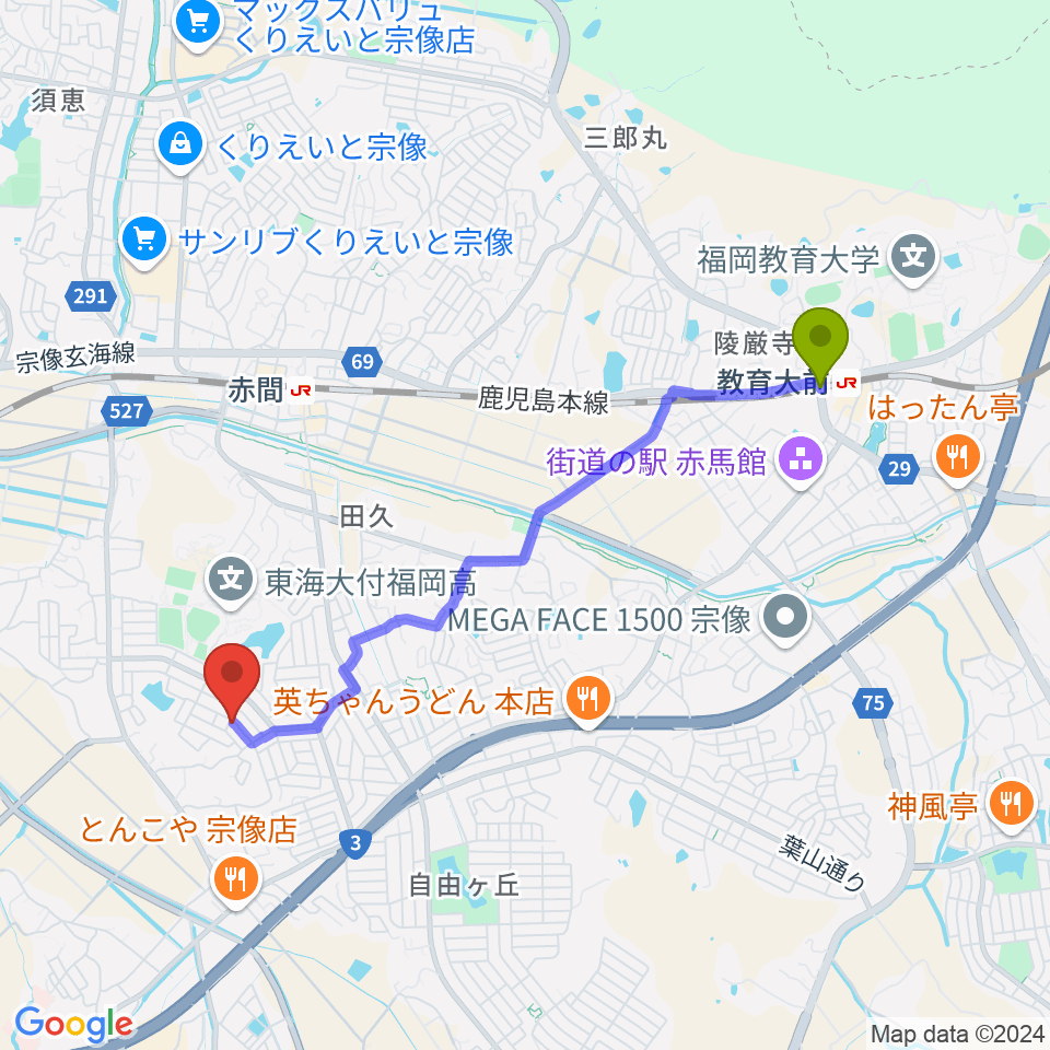 教育大前駅から音のたね音楽教室へのルートマップ地図