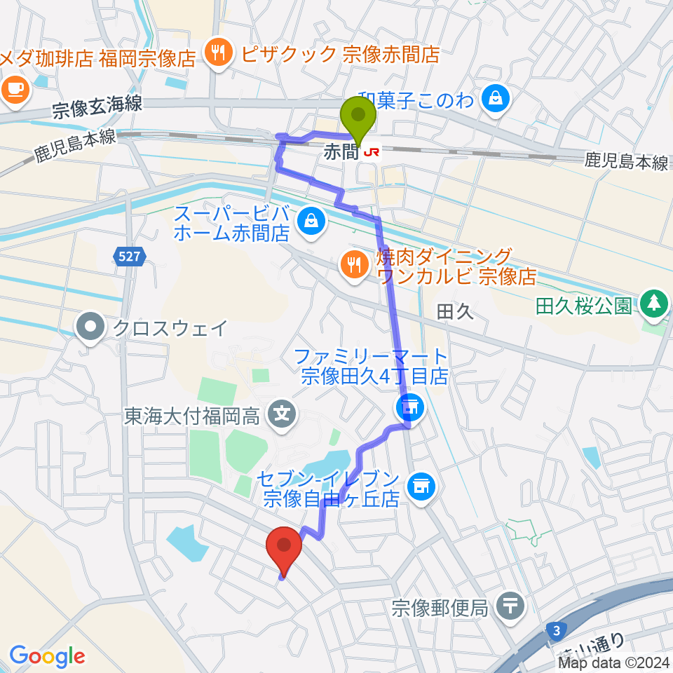 音のたね音楽教室の最寄駅赤間駅からの徒歩ルート（約21分）地図