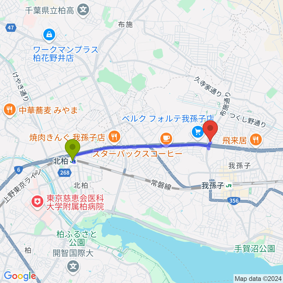 北柏駅からメロディーナ音楽教室へのルートマップ地図