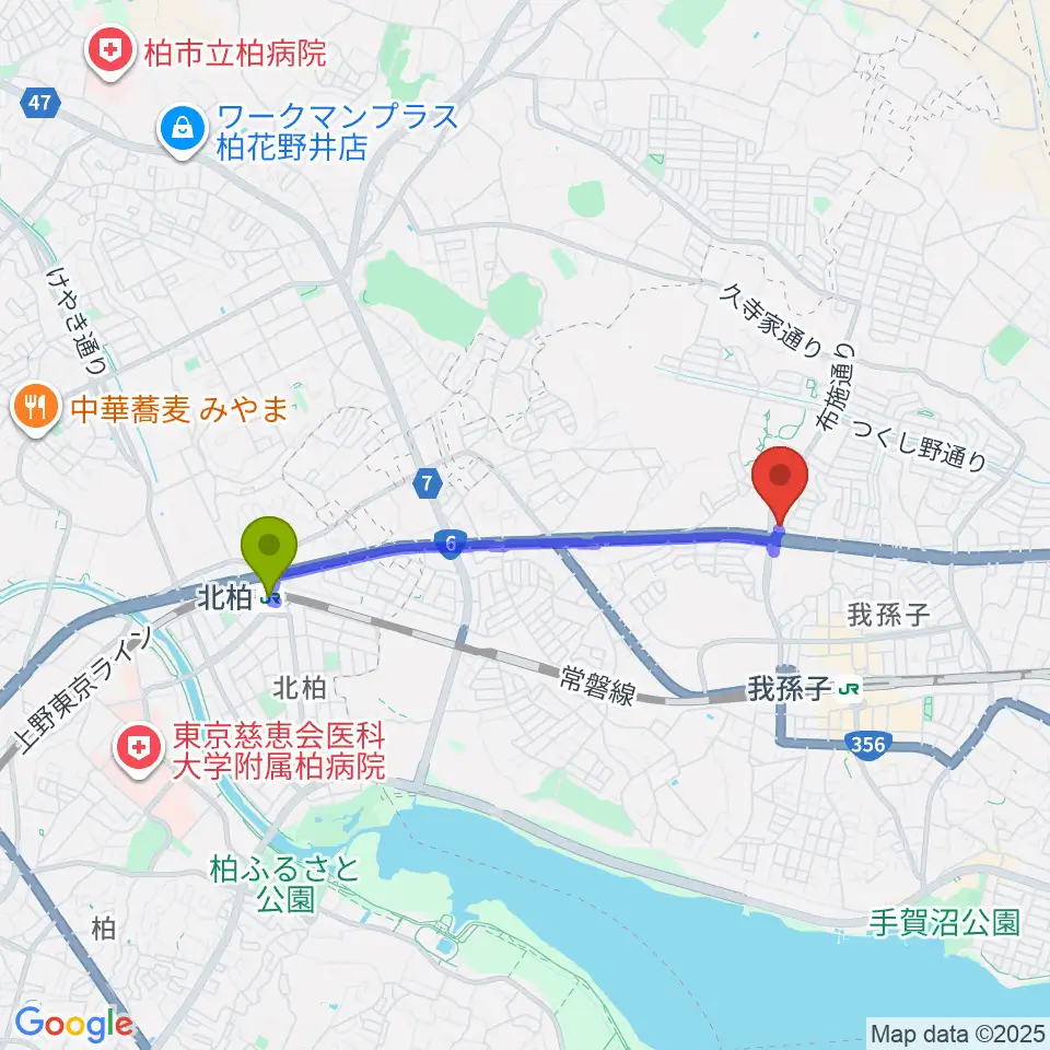 北柏駅からメロディーナ音楽教室へのルートマップ地図