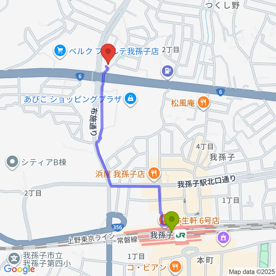 メロディーナ音楽教室の最寄駅我孫子駅からの徒歩ルート（約10分）地図