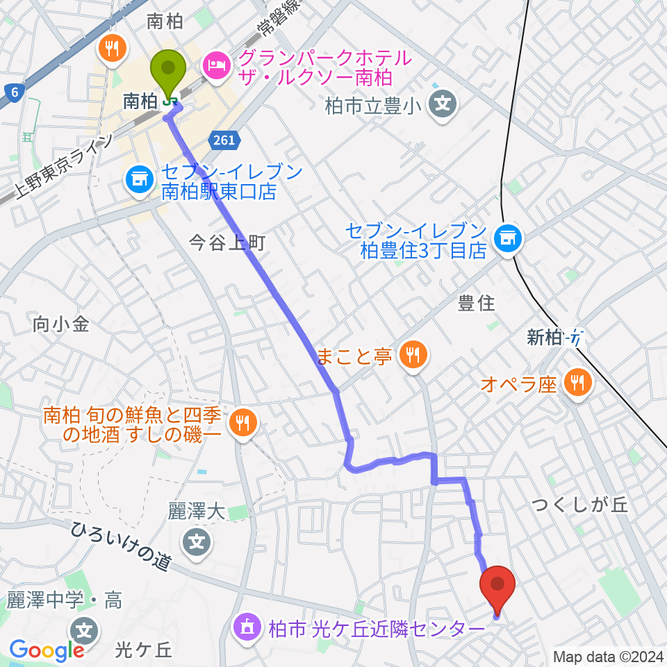 南柏駅から柳沢音楽教室へのルートマップ地図