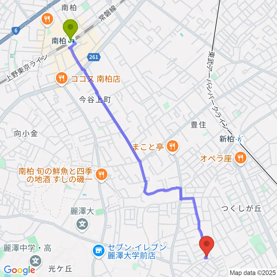 南柏駅から柳沢音楽教室へのルートマップ地図