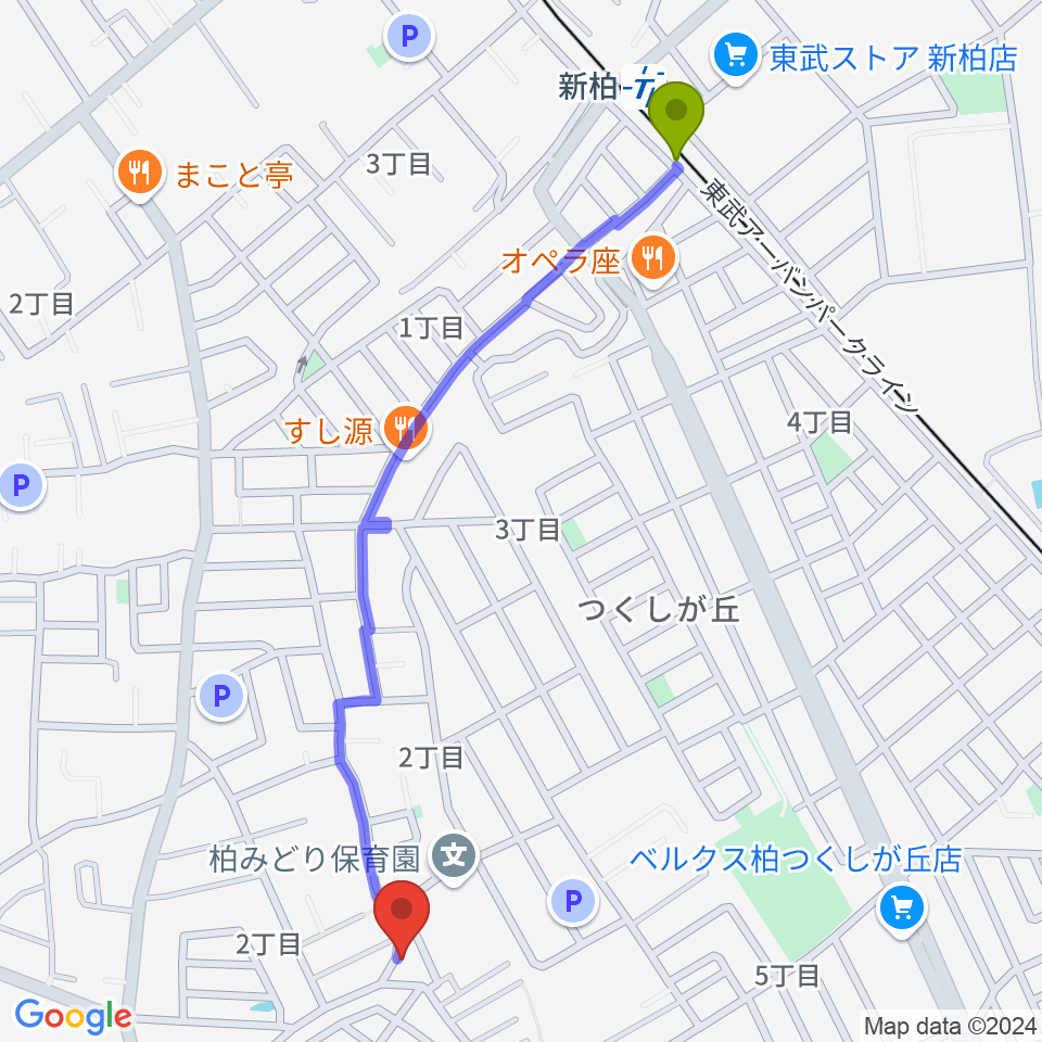 柳沢音楽教室の最寄駅新柏駅からの徒歩ルート（約13分）地図