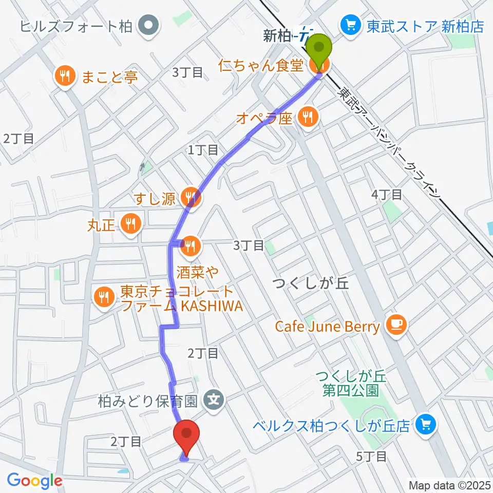 柳沢音楽教室の最寄駅新柏駅からの徒歩ルート（約13分）地図