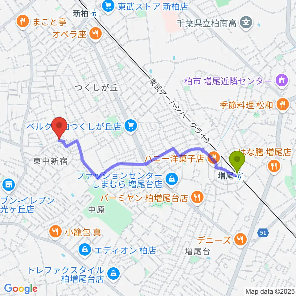 増尾駅から柳沢音楽教室へのルートマップ地図