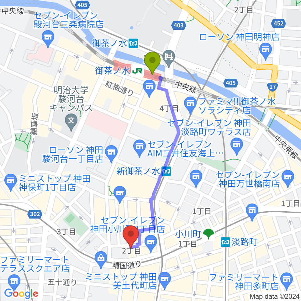 御茶ノ水駅からアキオ楽器へのルートマップ地図