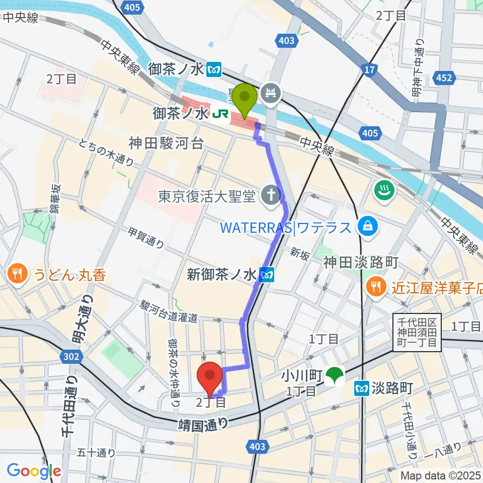 御茶ノ水駅からアキオ楽器へのルートマップ地図